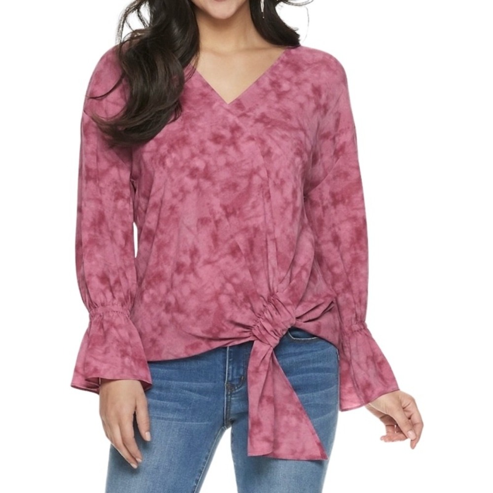 JUICY COUTURE Pink Tie Dye V Neck Knot Front Bell Sleeve Top Medium Hippie